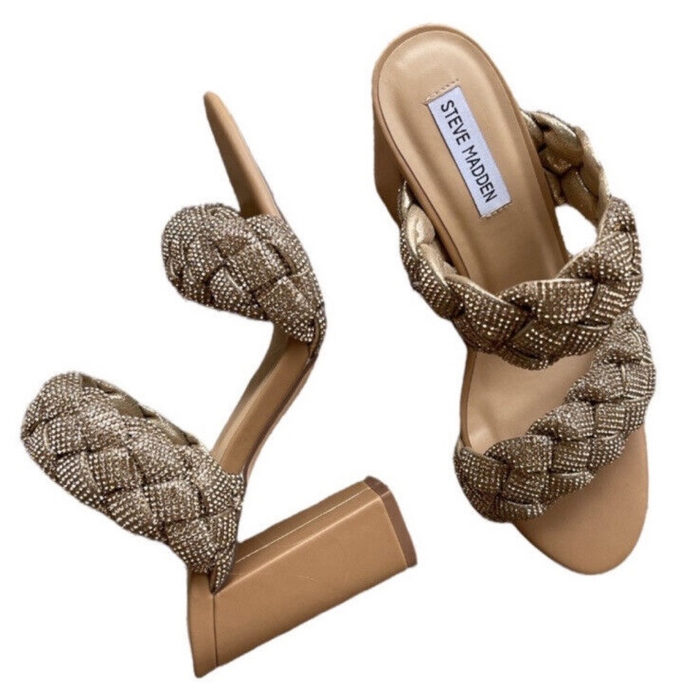 Steve Madden Nider Kenley Bronze Gold Braided Block Heel Sandal Sz 8.5